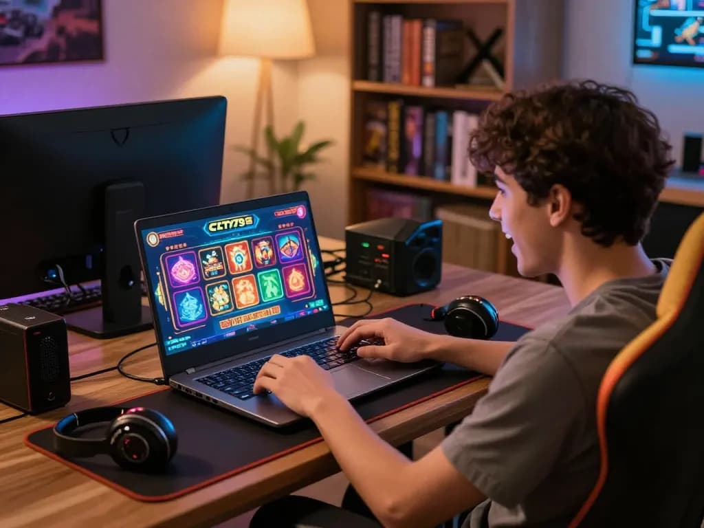 Experience fun79 gaming on a laptop with vibrant graphics and cozy lighting