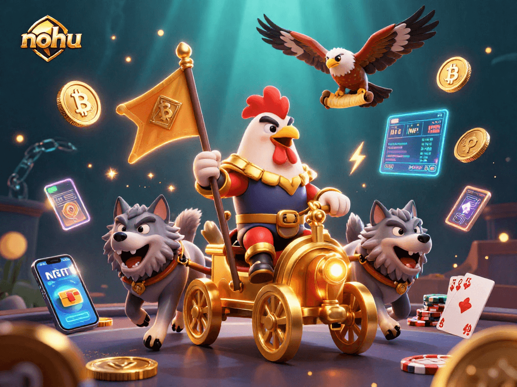 Experience nohu's thrilling poker showdown with a rooster warlord amidst Bitcoin coins and NFTs.