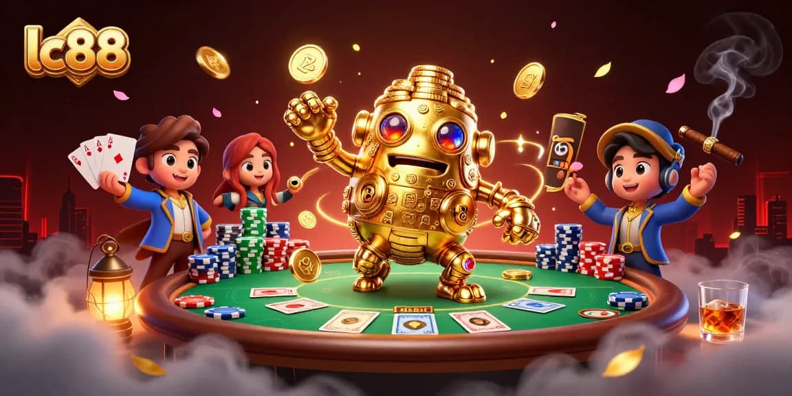 Experience thrilling gaming at lc88 with a dynamic golem surrounded by poker elements.
