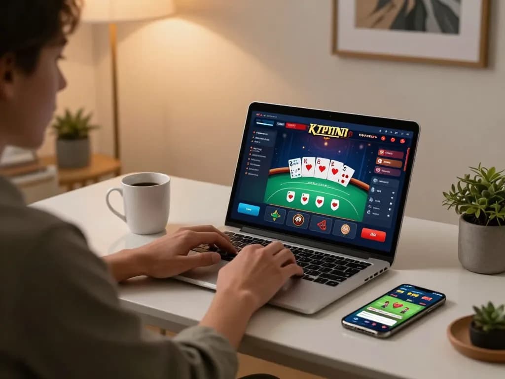 Engaging poker gameplay on q23win.com from a stylish home gaming setup, showcasing responsible entertainment.