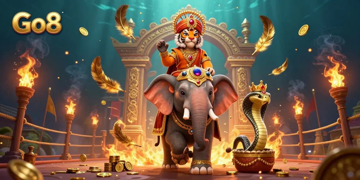 Experience thrilling gameplay at Go8 with an exciting 3D casino scene featuring an elephant and maharaja.