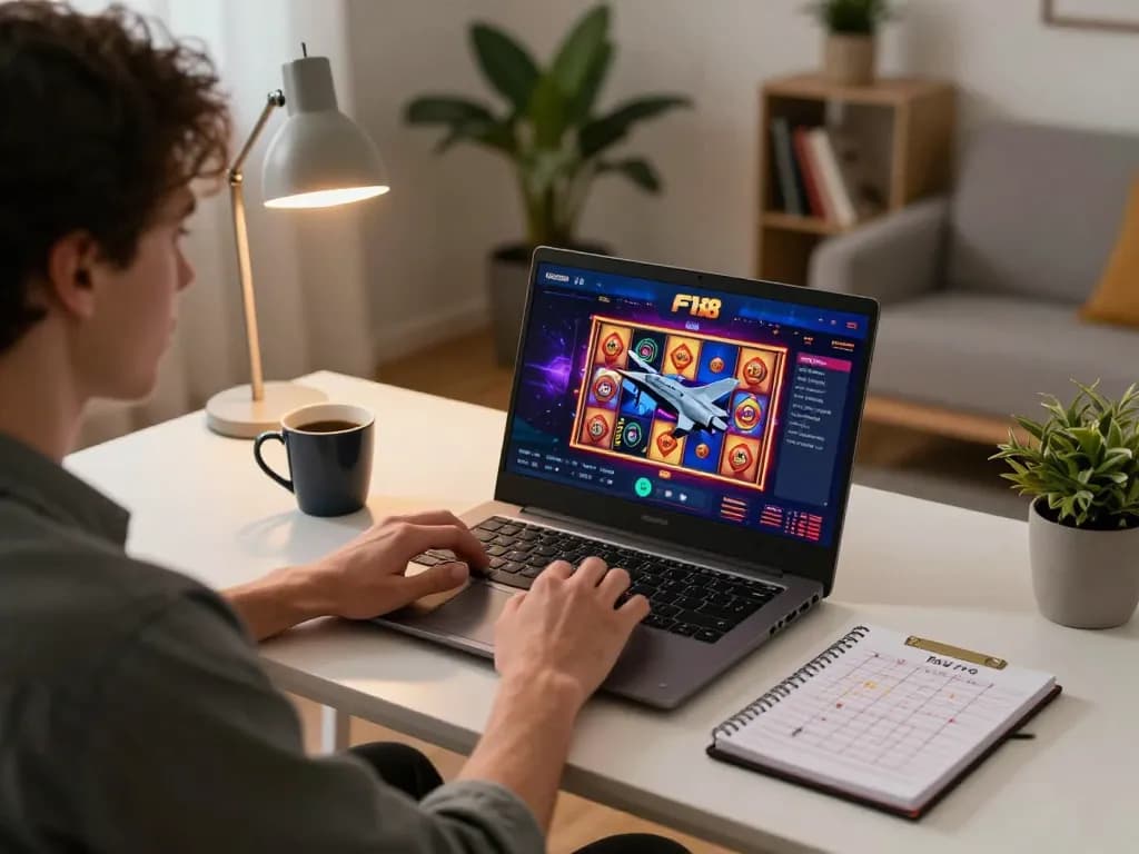 Player engaging with F168 online casino on laptop, showcasing vibrant slot visuals in a cozy setting.