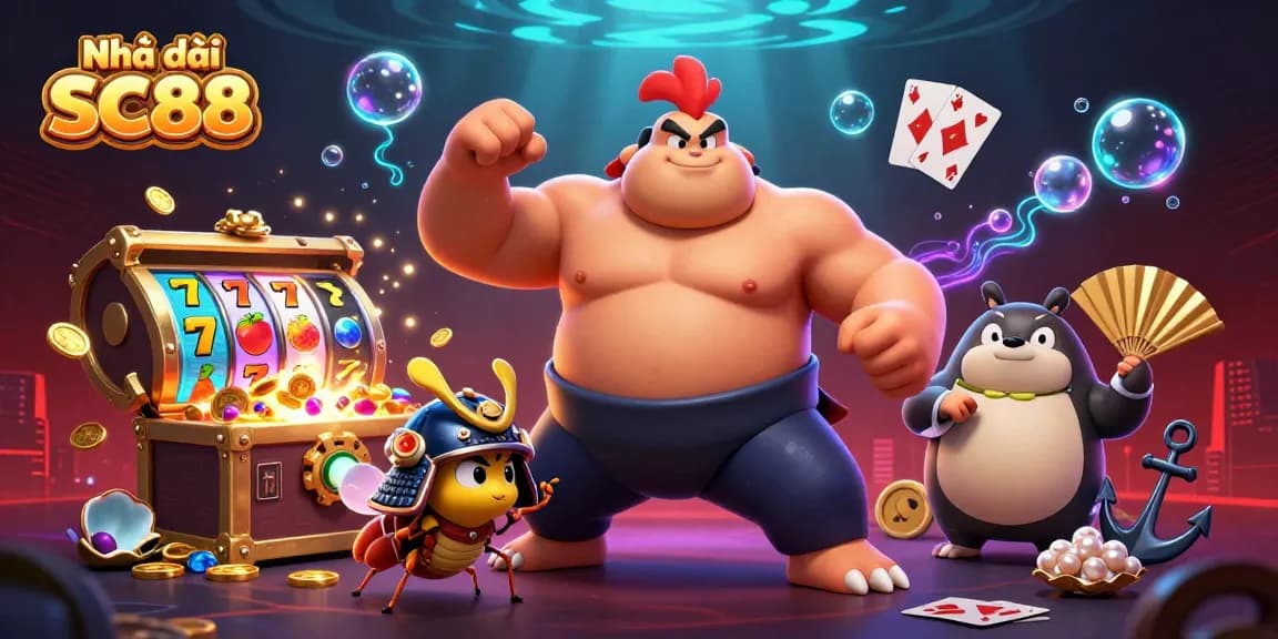 Join the excitement at Nhà cái SC88 with a powerful sumo wrestler and dynamic gambling elements!