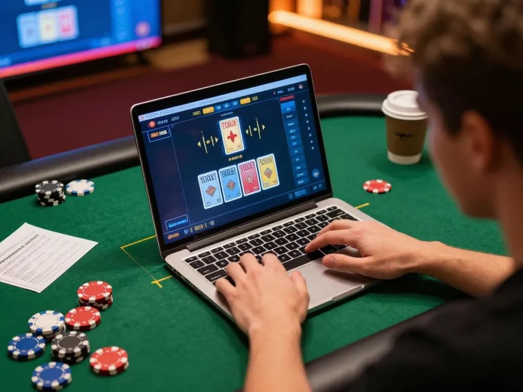 TOPBET player strategizing during an intense online poker game with visible cards and chips.