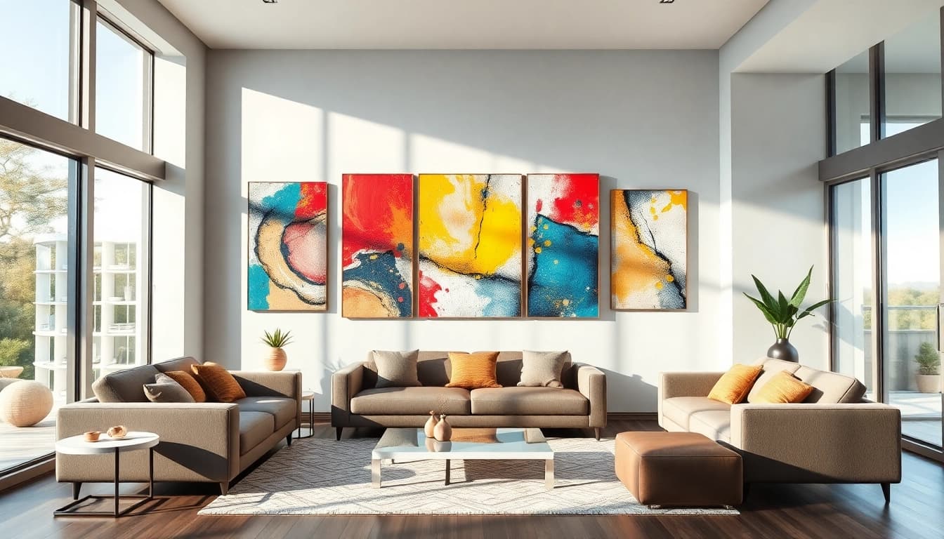 Moderne wandbilder in einem stilvollen Wohnzimmer präsentieren kreative Designs und lebendige Farben.