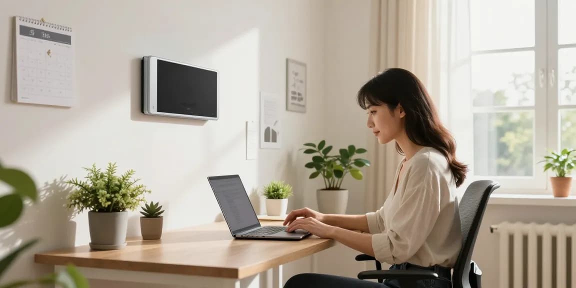 Gemütliche Home-Office-Szene mit einem Infrarotheizungs-Paneel, das effiziente Wärme und Komfort bietet.