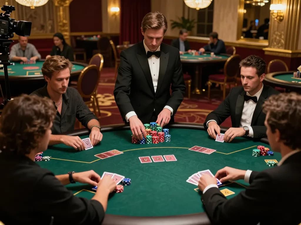 Elevated view of VIP gaming area in hk casino with focused poker players and elegant decor.