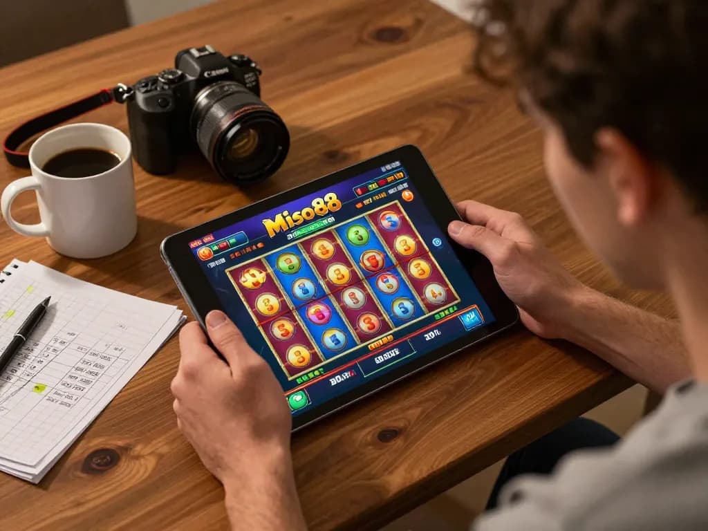 Miso88 player engaging deeply with vibrant casino app on a tablet during a cozy home gaming session.