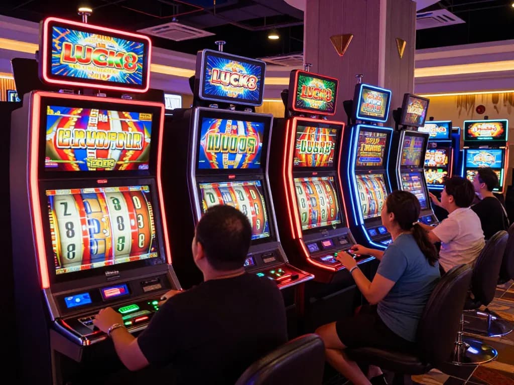 Players enjoying rotating reels on lucks8 slot machines in an energetic casino setting.