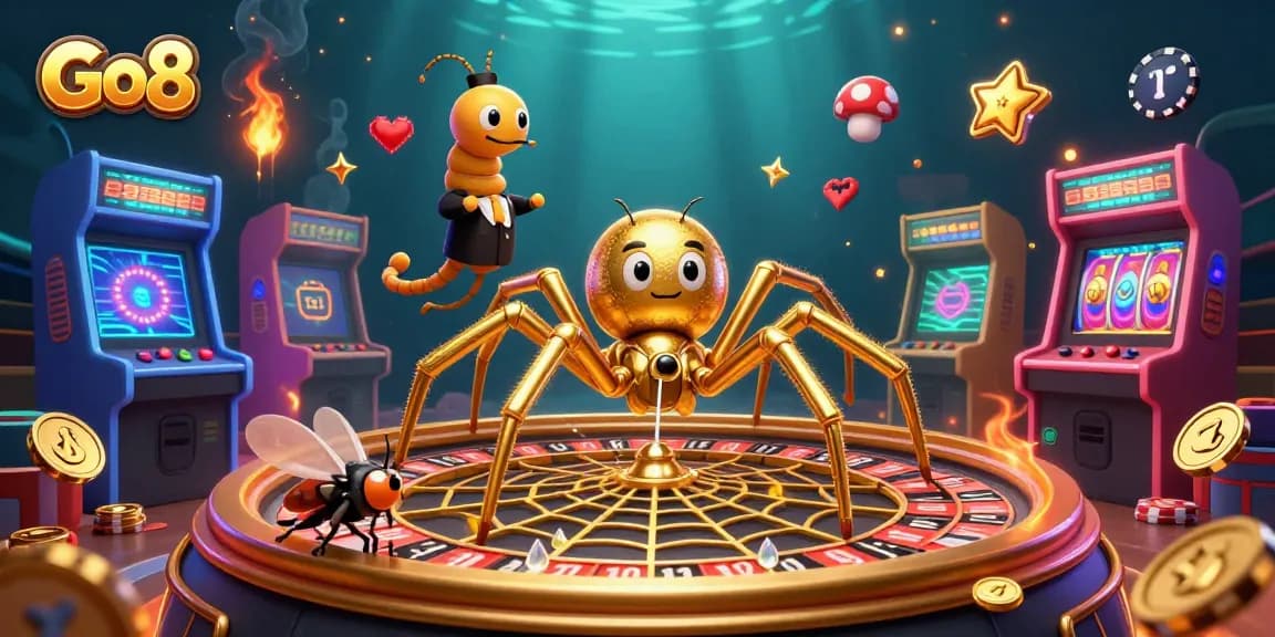 Engage in thrilling bets at Go8, illustrated with a golden spider roulette wheel and dynamic croupier scene.