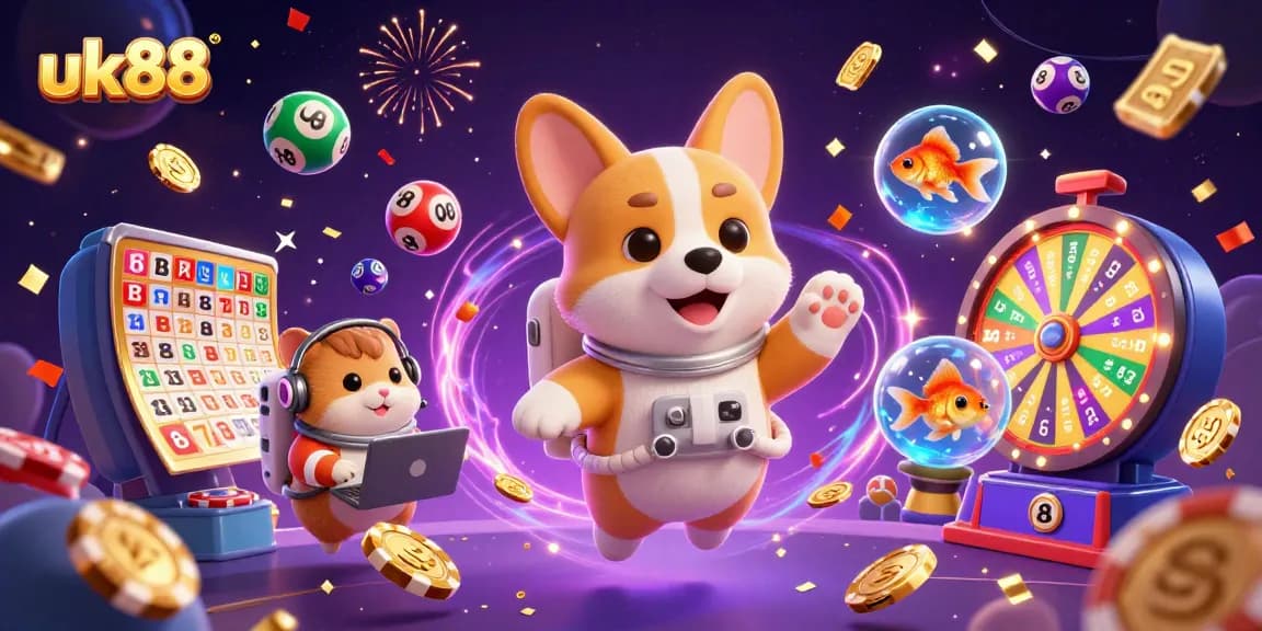 Experience uk88's thrilling space casino with a unique astronaut corgi and vibrant gaming elements.