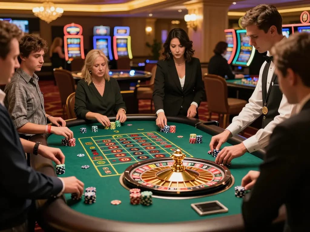 uu88 players engaging in high-stakes roulette with vibrant chips and spinning wheel
