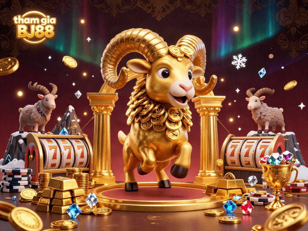 Join the excitement of tham gia BJ88 with a dazzling 3D casino scene full of golden treasures and animated slot reels.