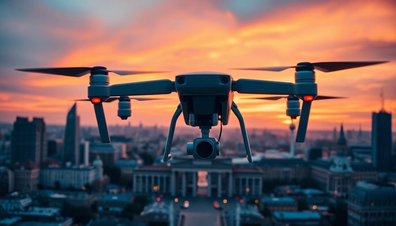 Drohnenvideos Berlin – Professionelle Drohne mit spektakulärem Berliner Stadtbild im Hintergrund.