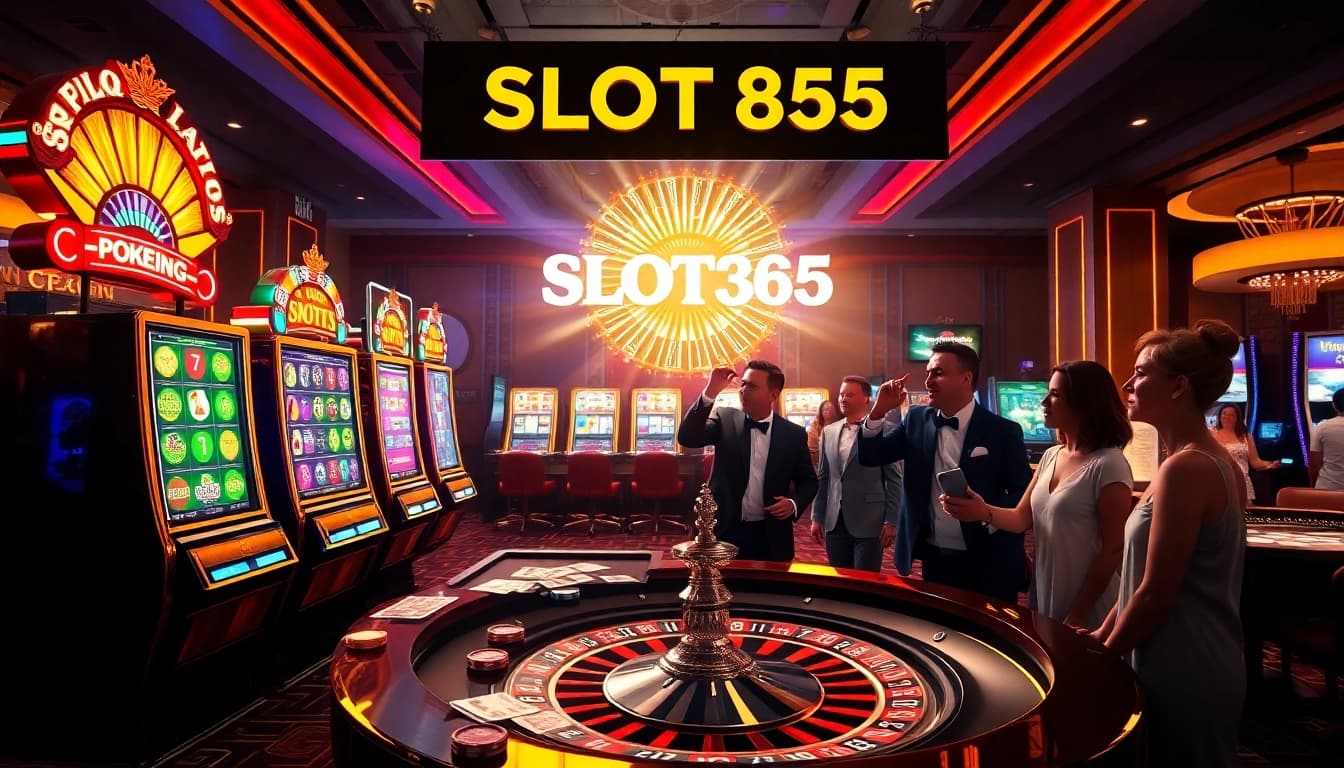 SLOT365 players engage in an exciting game at a vibrant casino table with chips and cards.