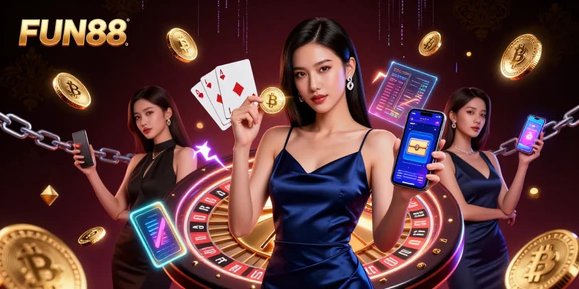 Engage with FUN88's exciting casino experience through a dynamic 3D illustration showcasing vibrant gaming elements.