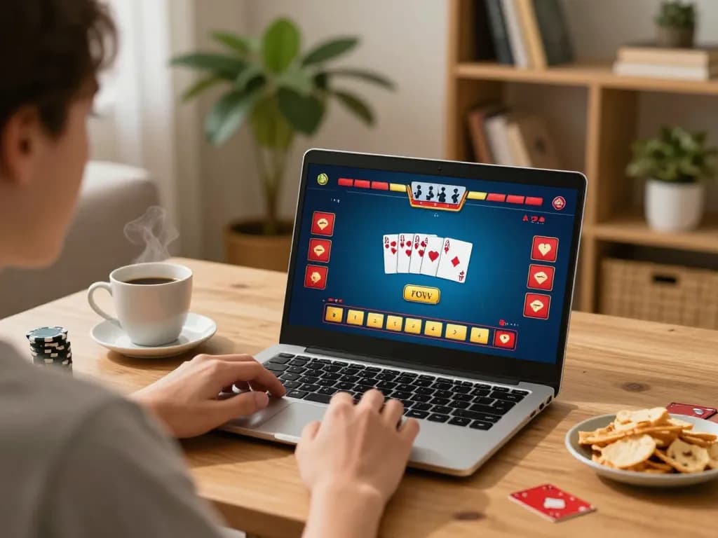 Player enjoying kp88 online poker game on a laptop in a cozy living room.