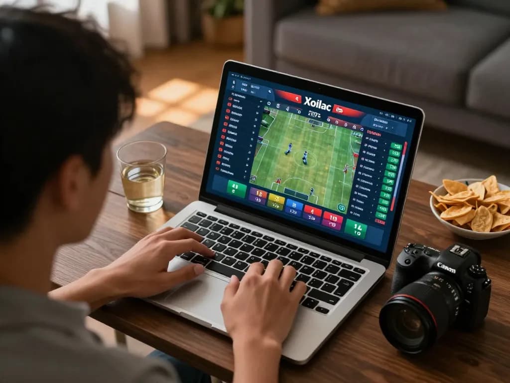 Xoilac sports betting action featuring a player engaged in live betting analysis at home