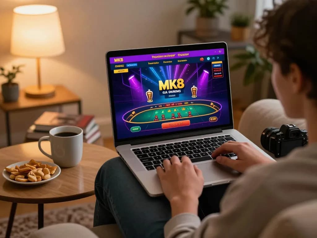 Engaging mk8 online gaming session on laptop, showcasing live dealer action in a cozy home environment.