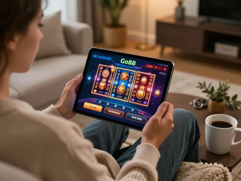 Engaging with the Go88 casino app on a sleek tablet in a cozy home environment.