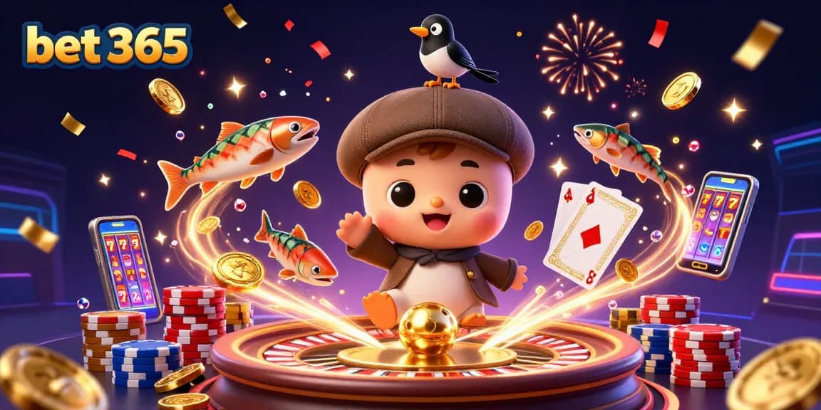 Experience the excitement of bet 365 with a vibrant scene of charming characters amidst dynamic casino elements.