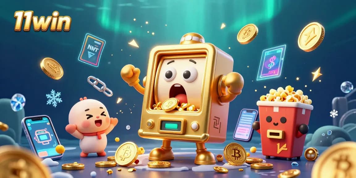 Experience jackpots at 11win with a lively 3D slot machine surrounded by gold coins and crypto symbols.
