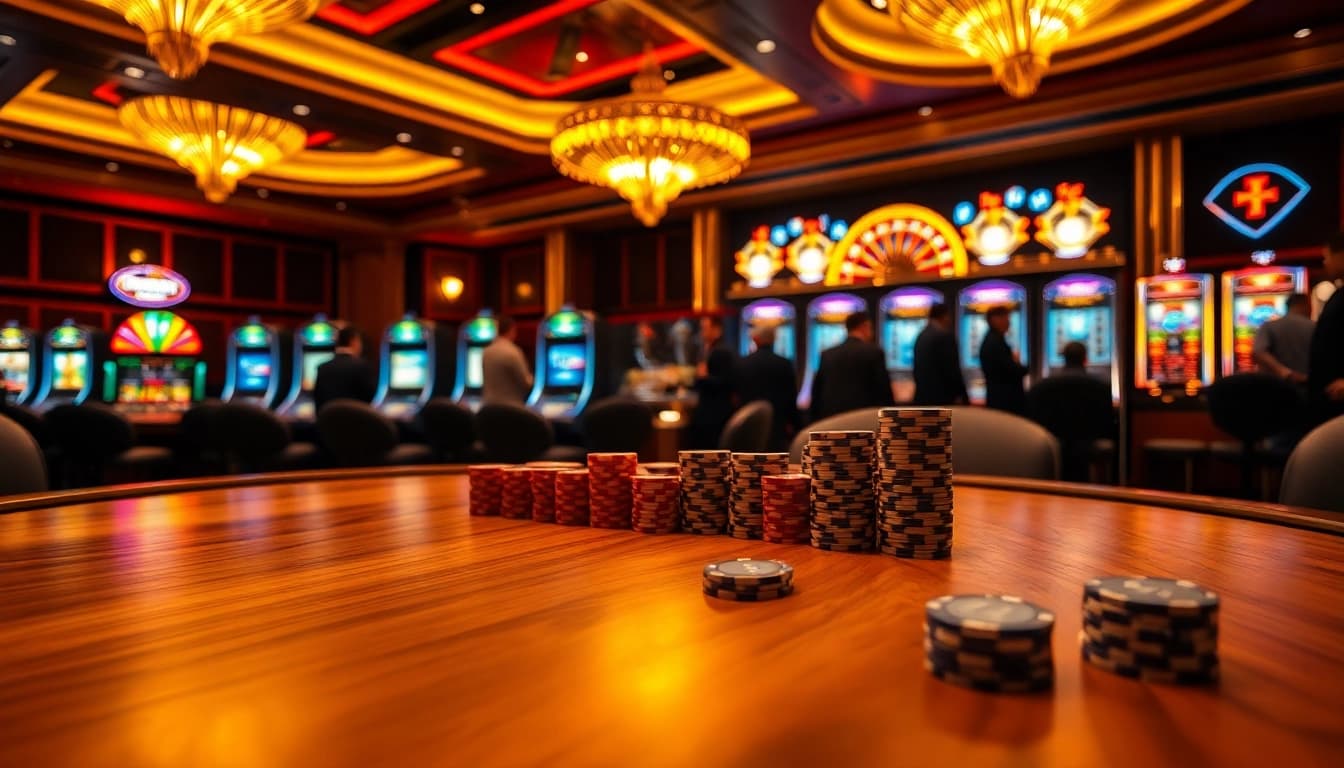 C168 players enjoying a thrilling game at a luxurious poker table in a vibrant casino.