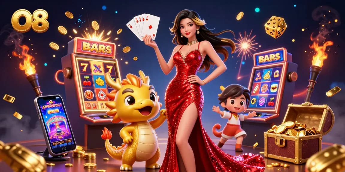 Experience the excitement of O8 casino with vibrant games and jackpots, featuring a confident Asian woman and a golden dragon.