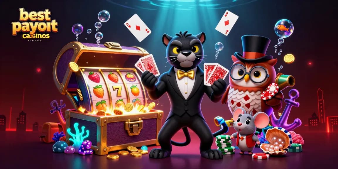 Engage with the best payout casinos Australia featuring a stylish panther dealer, lucky owl, and vibrant slot elements.
