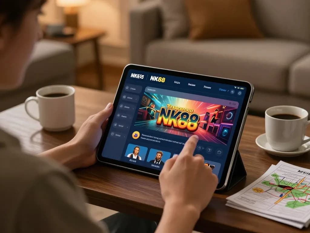 Engaging with the trang chủ NK88 casino app on a cozy tablet in a warm living room.