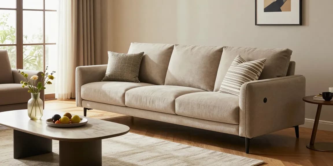 Baxter Sofa online kaufen in einem stilvollen modernen Wohnzimmer mit eleganter Dekoration und warmem Licht.