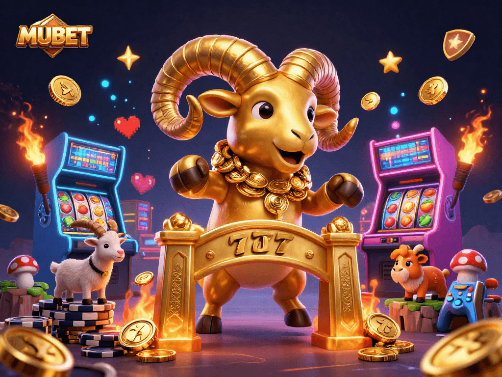 MUBET features a golden ram charging, surrounded by vibrant slot machines and casino elements.