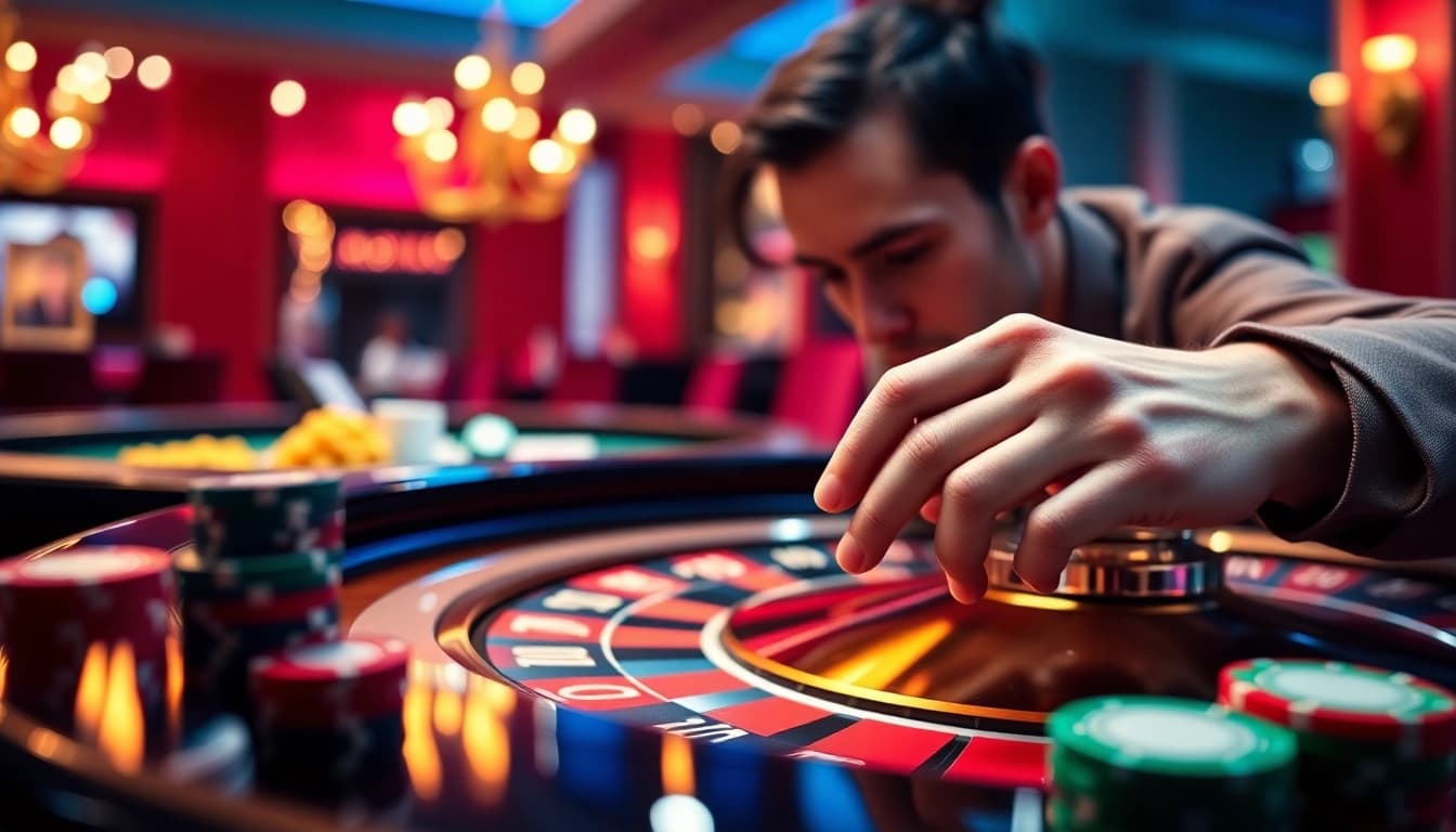 Az online casino játékos izgalommal figyeli a rulett táblát, színes zsetonokkal körülvéve.