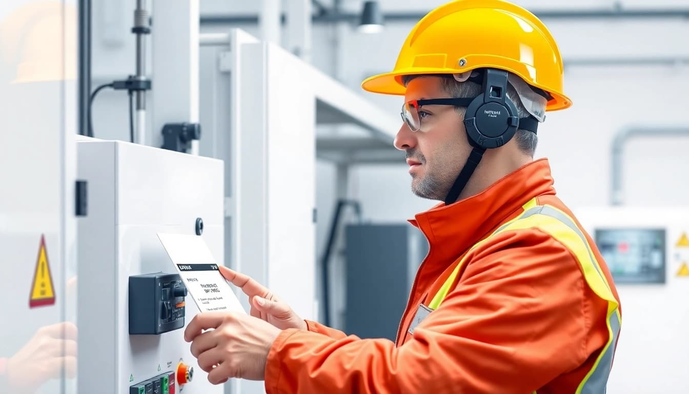 Technician performing DGUV V3 Prüfung on electrical devices, ensuring workplace safety and compliance.