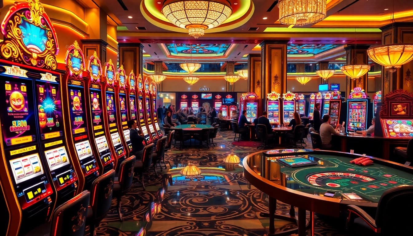 Players enjoying an electrifying nổ hũ experience in a luxurious casino setting.