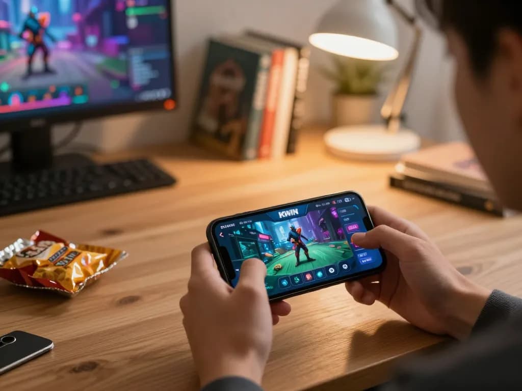 Player engaging with KWIN app on smartphone amidst a cozy home setting for online gambling.