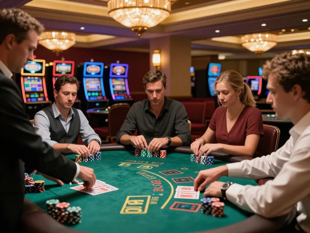 Players strategizing at a blackjack table in a high-end casino with vibrant lighting and chips, VT88 excitement