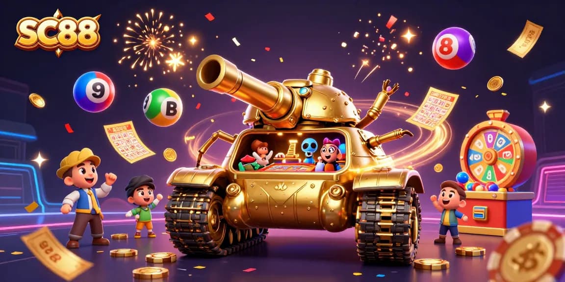 Engage with SC88's vibrant casino scene featuring a mini casino tank and lottery elements.