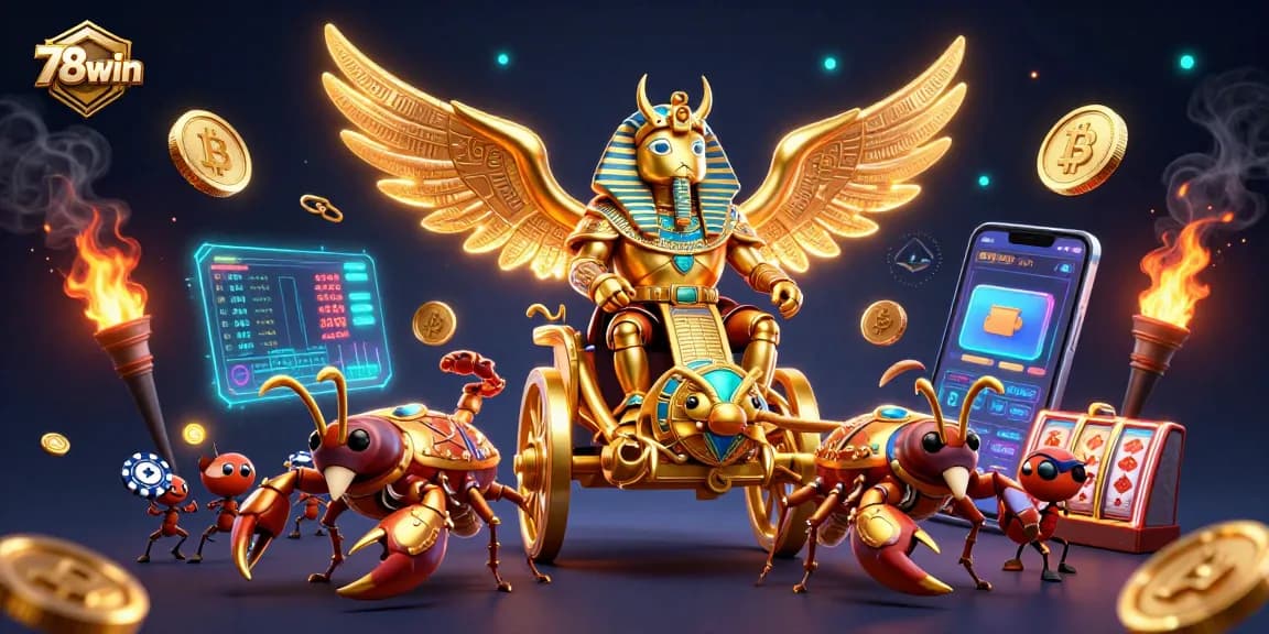 Experience epic winnings with 78win as golden scarab and scorpion warriors embody the thrill of casino action.
