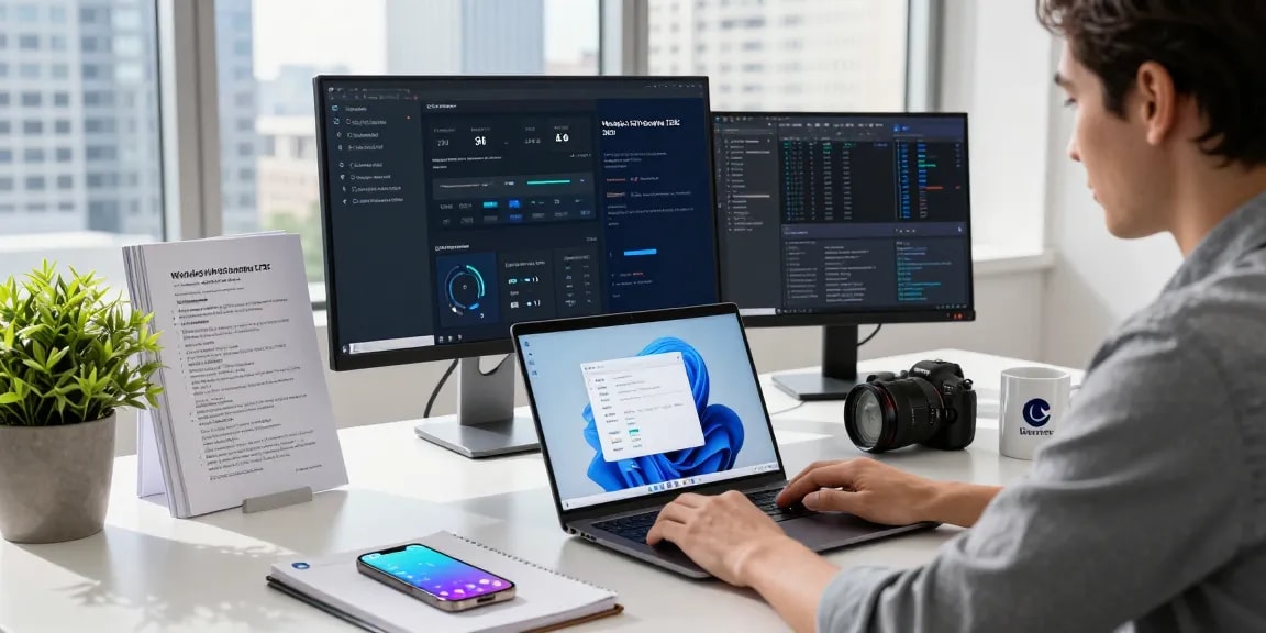 Windows 11 Enterprise Lizenzschlüssel kaufen - IT-Experte arbeitet in modernem Büro mit Laptop und Monitor, umgeben von technischen Unterlagen und Notizen.