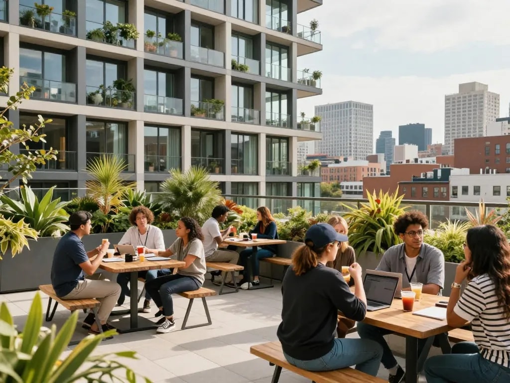 Residents engaging in community activities at five88 urban apartment, showcasing modern design and vibrant city life.