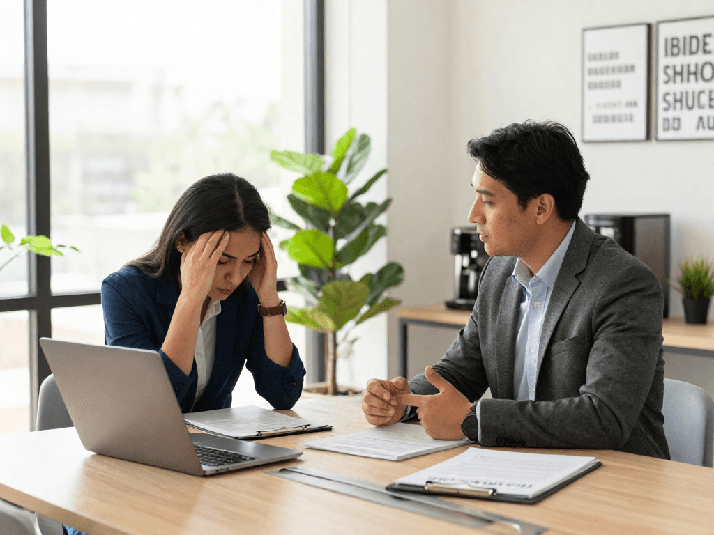 Stress mit Chef im modernen Büro, Mitarbeiter im Gespräch mit Führungskraft zur Klärung von Problemen.