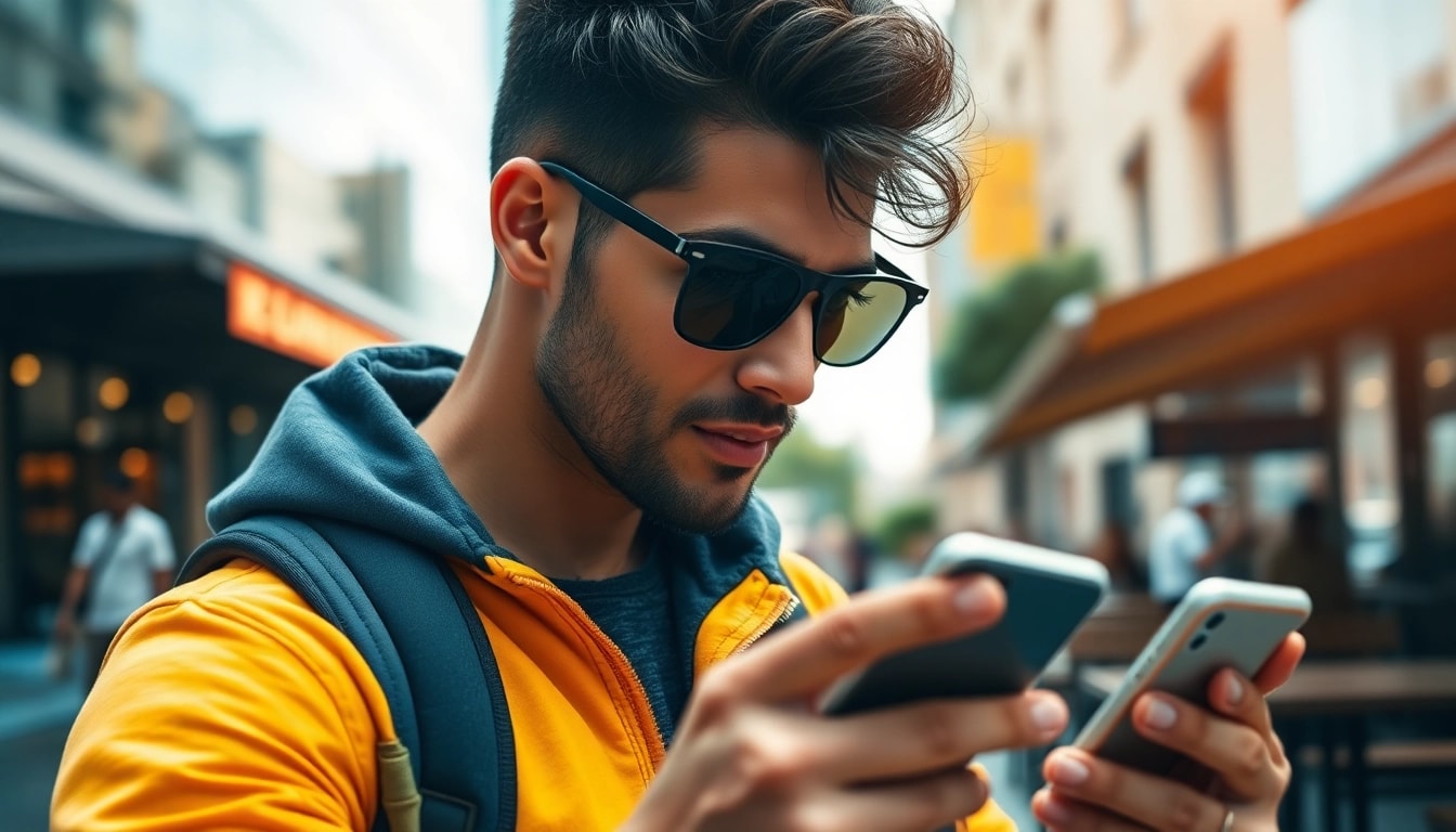 Tinder Bilder eines selbstbewussten Mannes in urbaner Umgebung mit Smartphone
