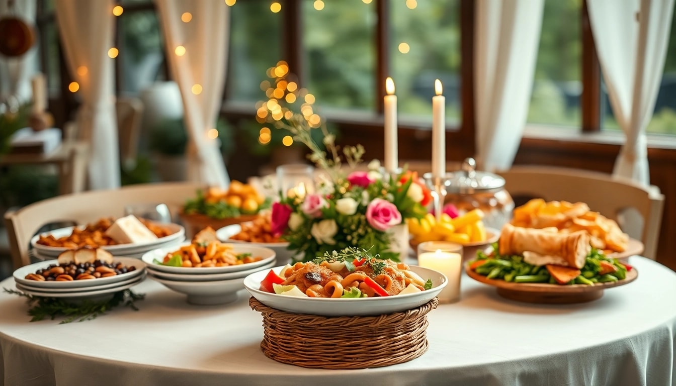 Catering-Setup mit ansprechend angerichteten Speisen auf einem Dekorationstisch.