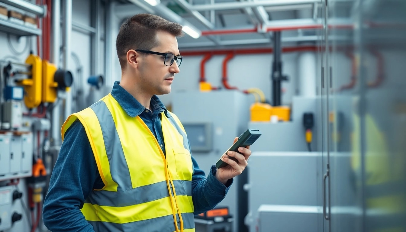 DGUV V3 Prüfung in action: Technician inspecting electrical equipment for safety compliance.