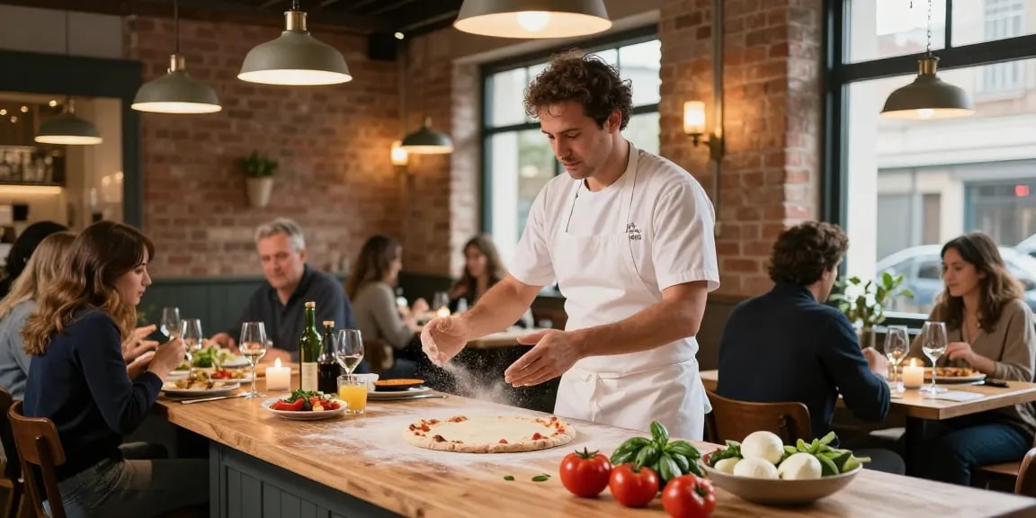 Delicious pizza-making scene at Pizzeria Madera showcasing pg soft ingredients like fresh dough and vibrant vegetables