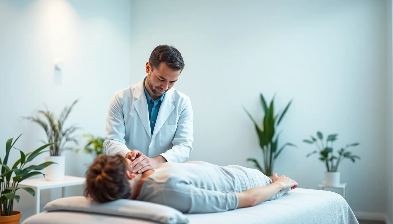 Osteopathie Kiel: Erfahrene Osteopath behandelt Patientin in einer beruhigenden Praxisumgebung.