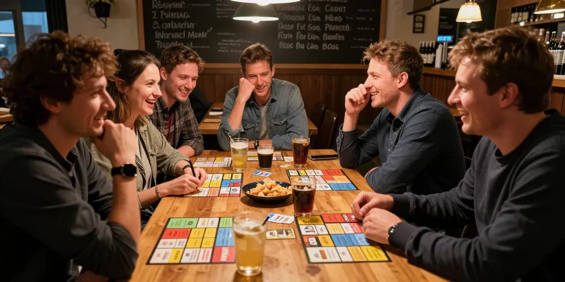 Group of friends enjoying a quiz game night, showcasing Quiz Allgemeinwissen in a cozy pub setting.