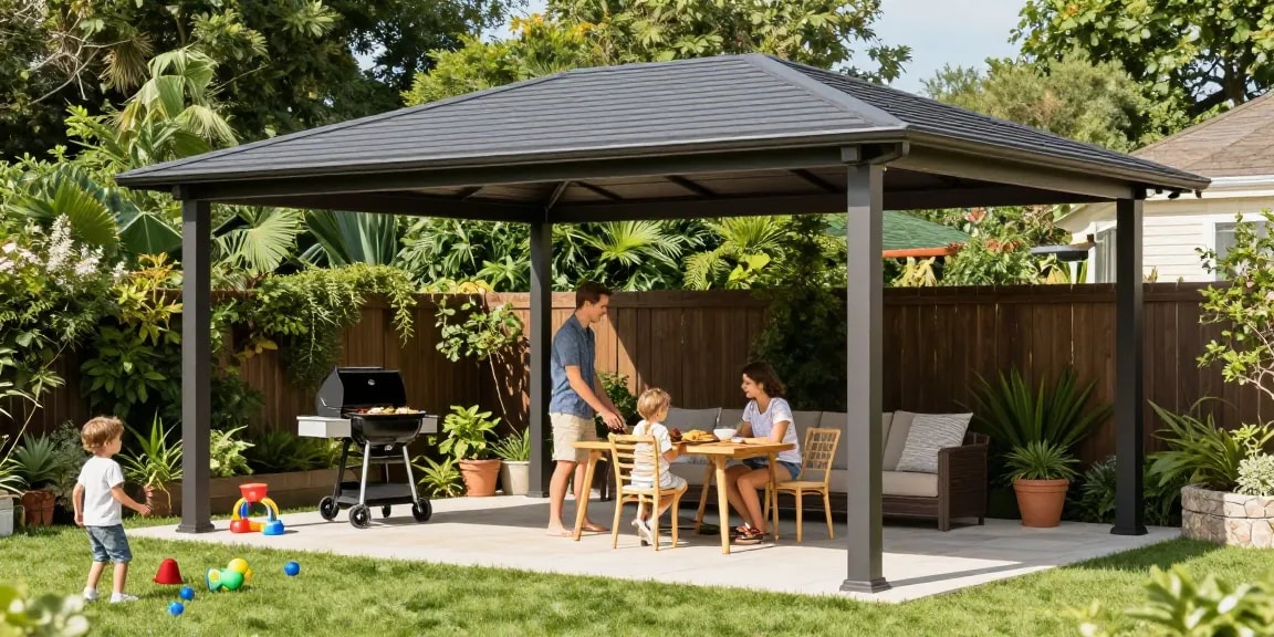 Freistehende Terrassenüberdachung mit einer Familie, die einen sonnigen Tag genießt.