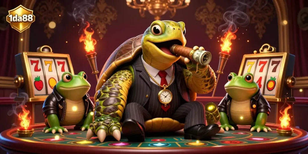 Engage with 1da88's vibrant casino experience featuring a charming turtle mobster amidst dynamic game elements.